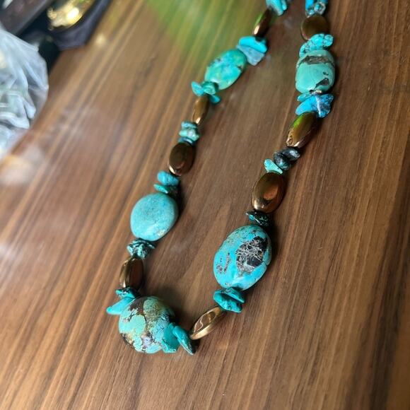 Vintage 925 Sterling Silver Chunky Genuine Turquoise and Bronze Bead Necklace C3 - Picture 5 of 11